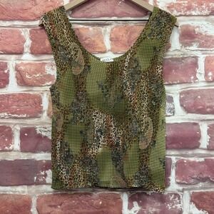 VTG Nicola Top Women's XL Green Boho Abstract Animal Print Crinkle Cami Shirt